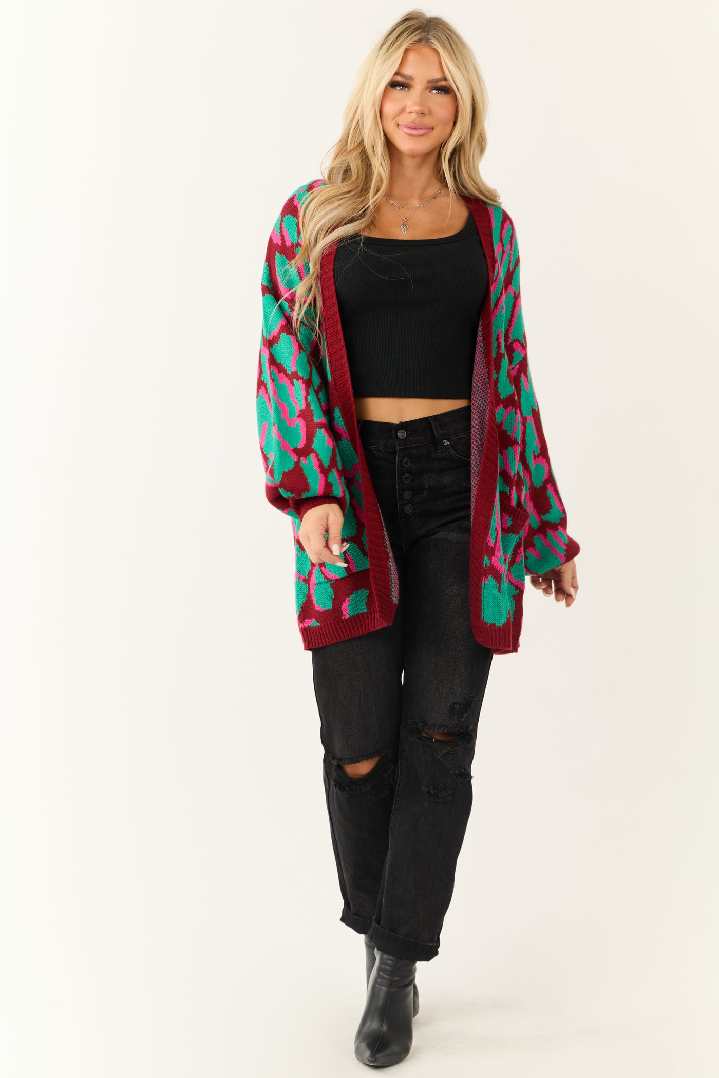 Wine Animal Print Open Front Knit Cardigan