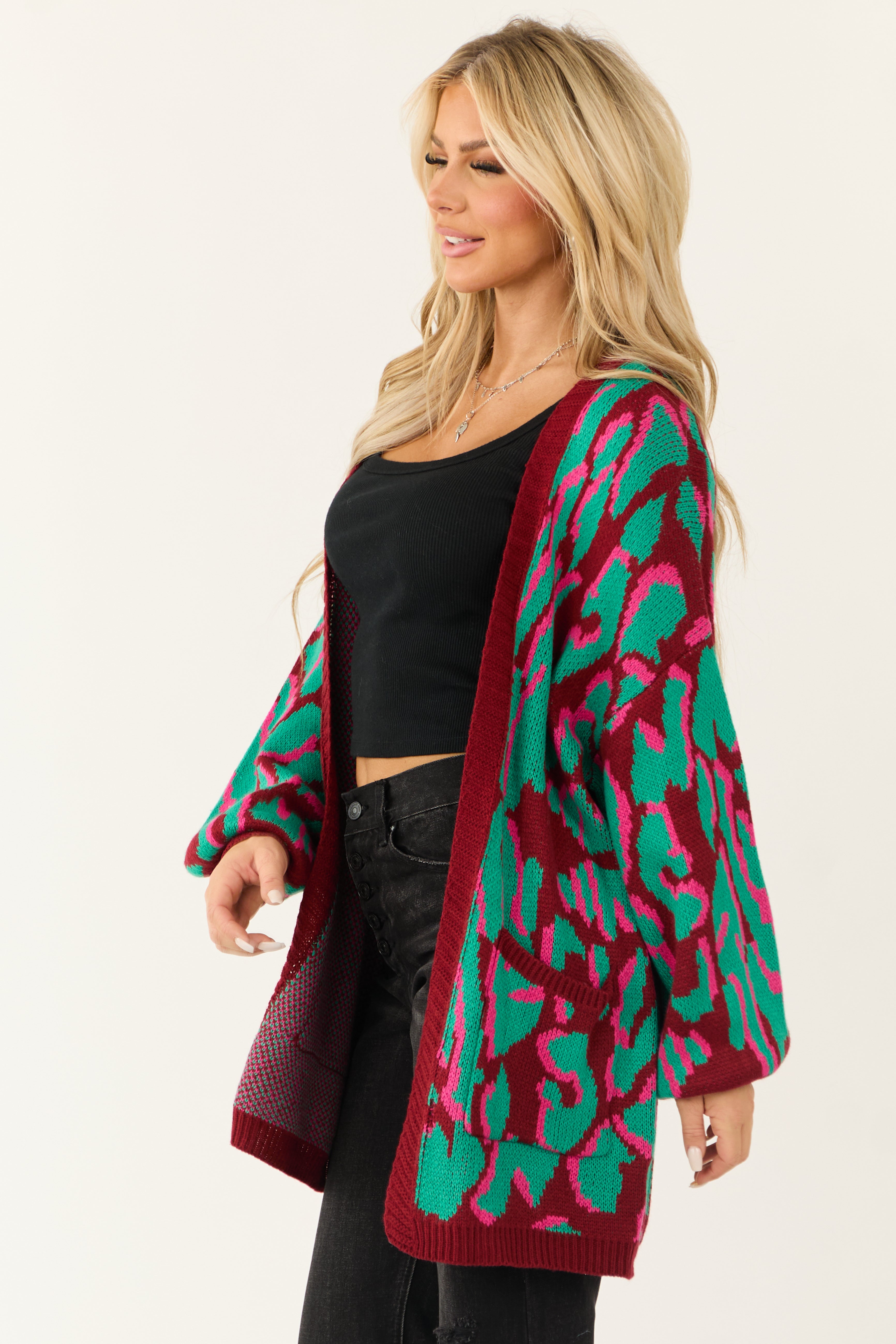 Wine Animal Print Open Front Knit Cardigan