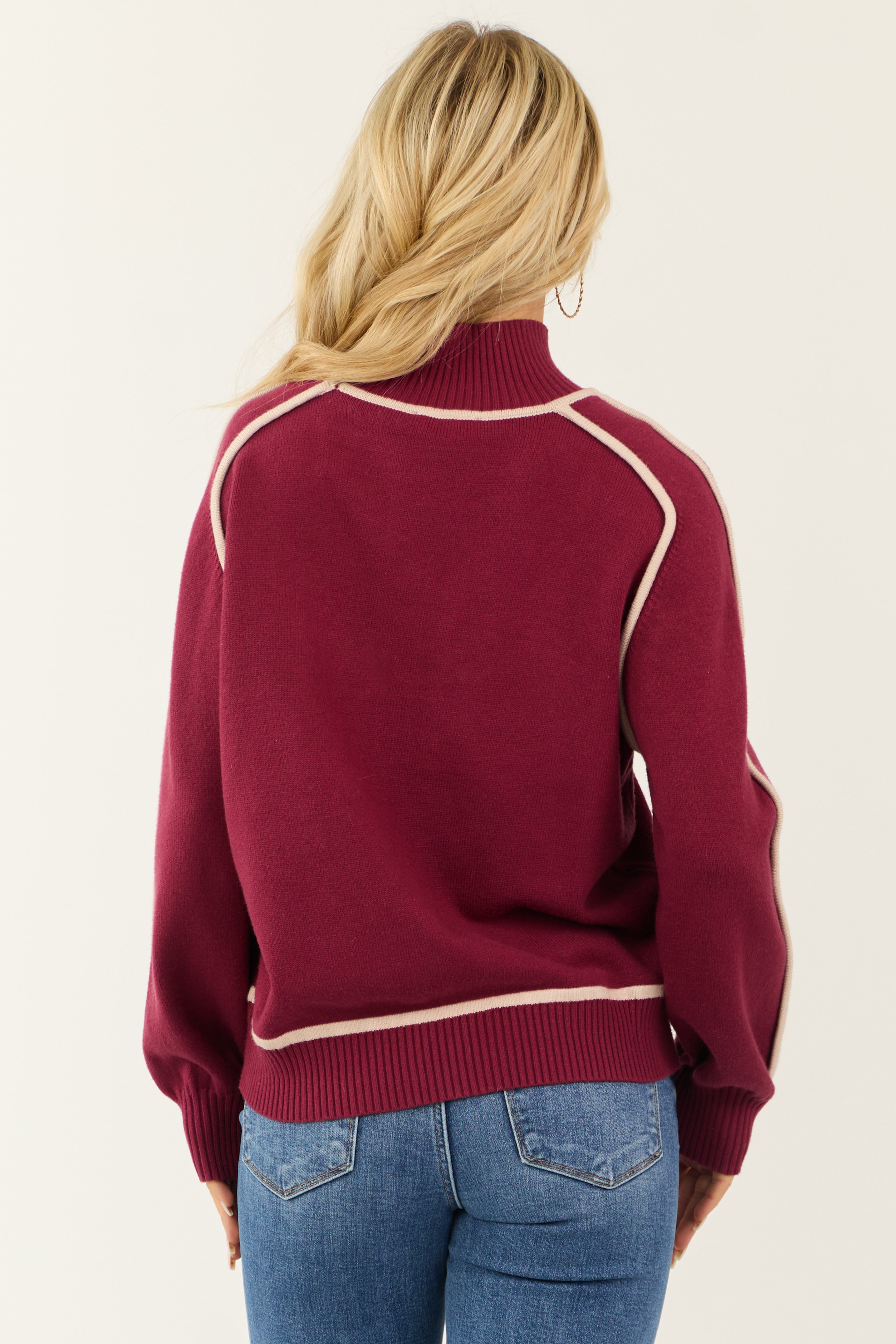 Wine Contrast Ivory Trim Mock Neck Sweater