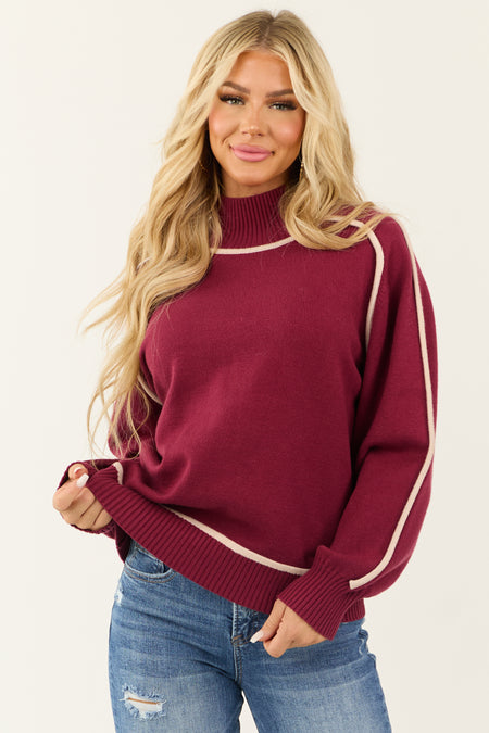 Wine Contrast Ivory Trim Mock Neck Sweater