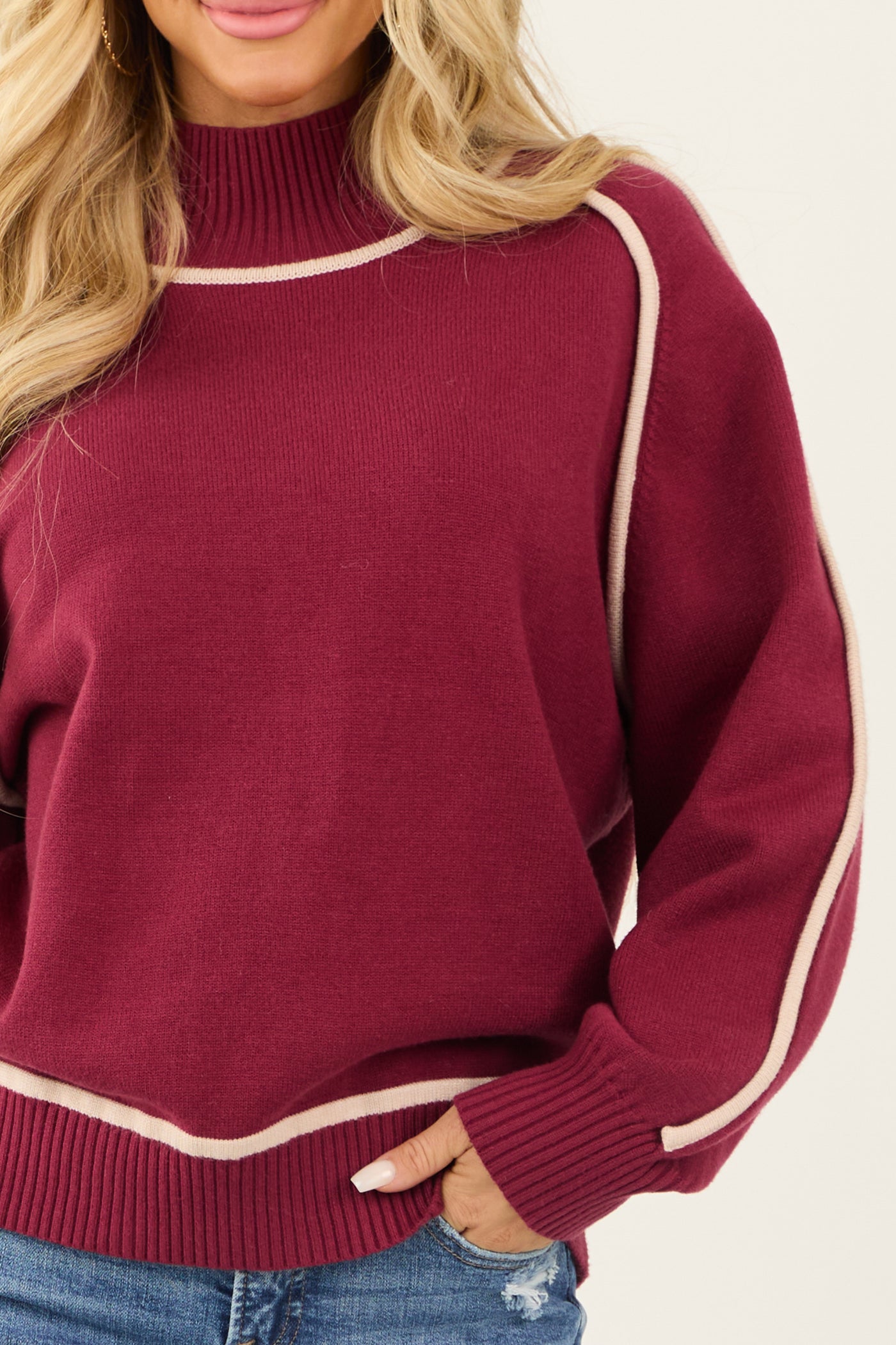 Wine Contrast Ivory Trim Mock Neck Sweater