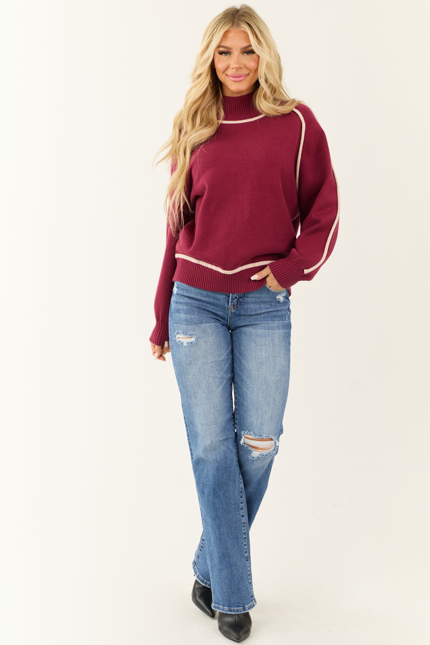 Wine Contrast Ivory Trim Mock Neck Sweater