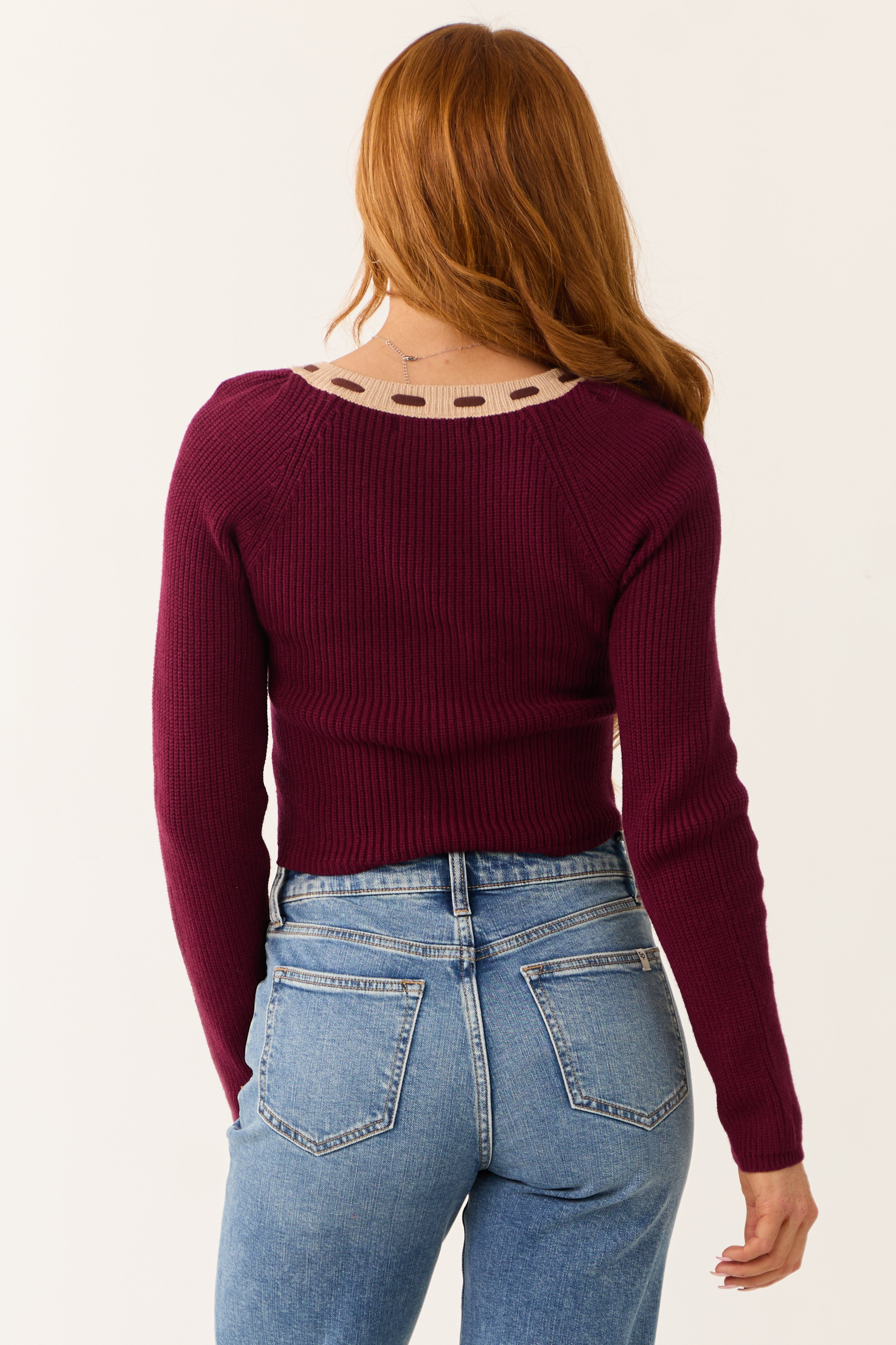 Wine Contrast Square Neck Cropped Sweater