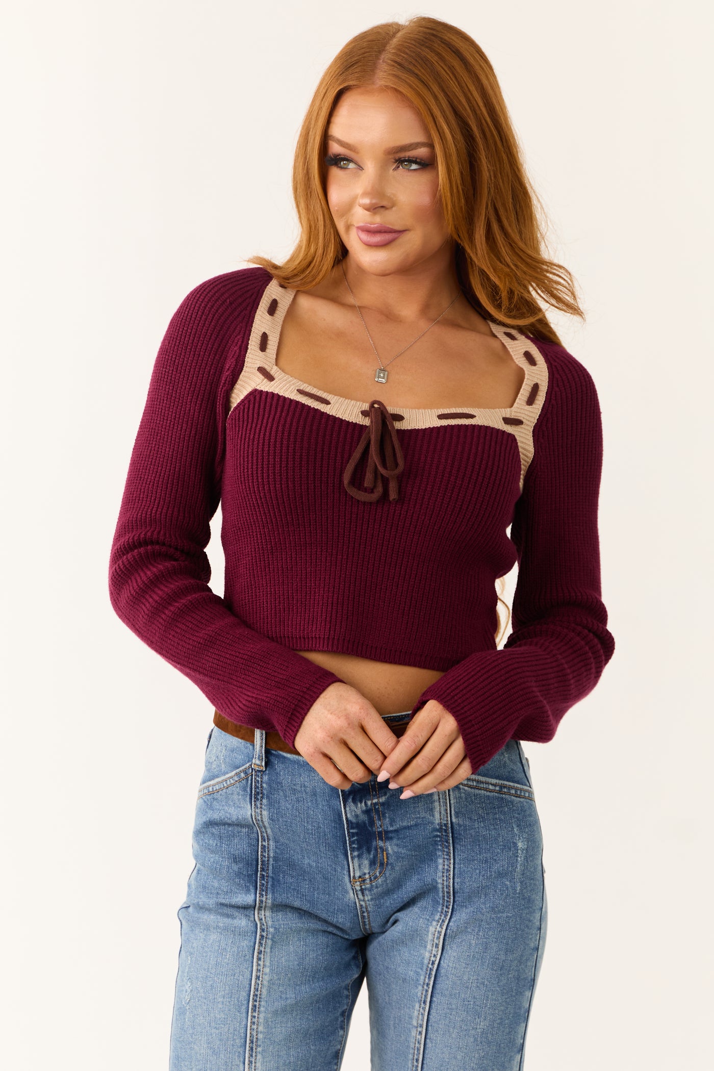 Wine Contrast Square Neck Cropped Sweater