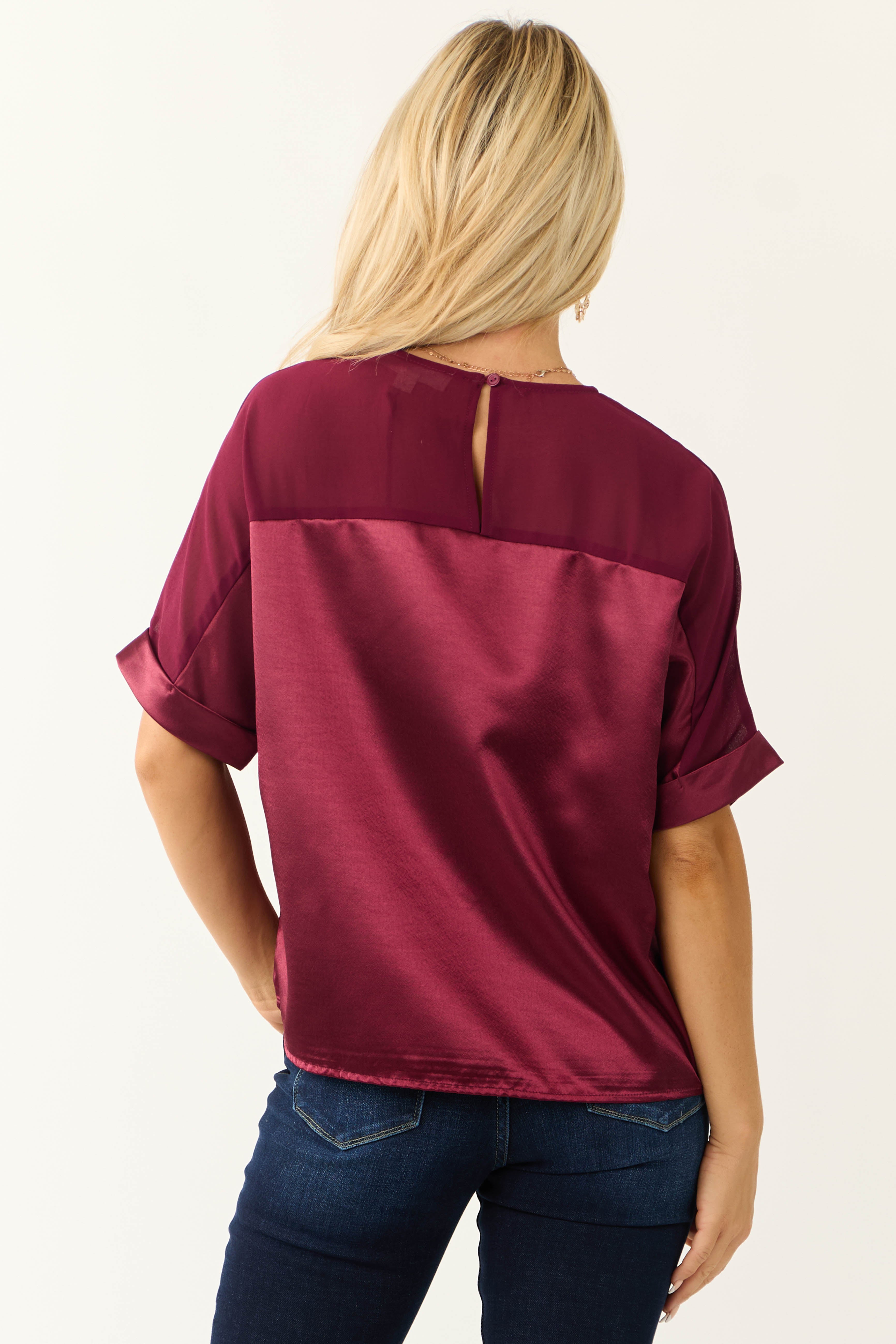 Wine Contrast Yoke Cuffed Sleeve Satin Blouse