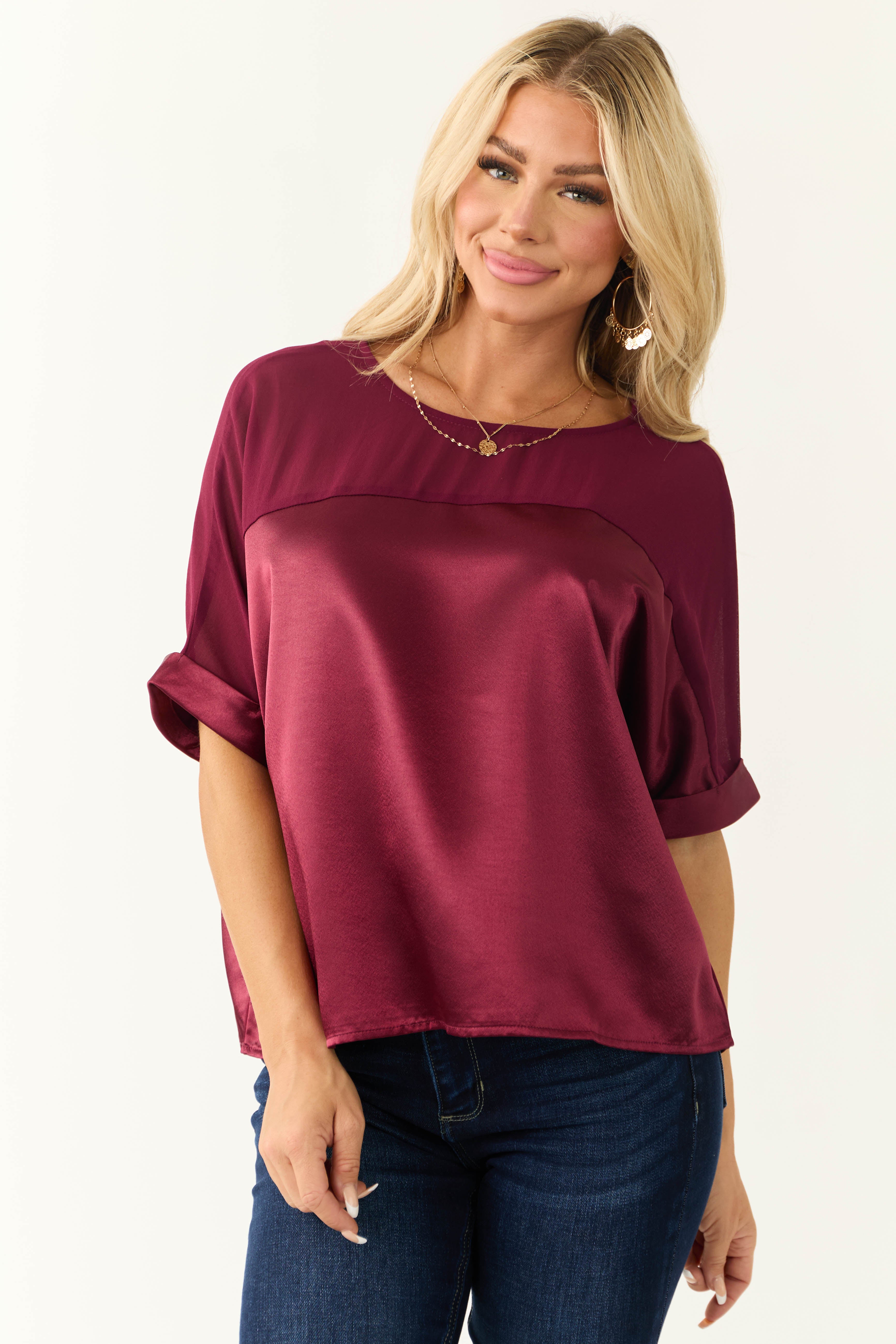 Wine Contrast Yoke Cuffed Sleeve Satin Blouse