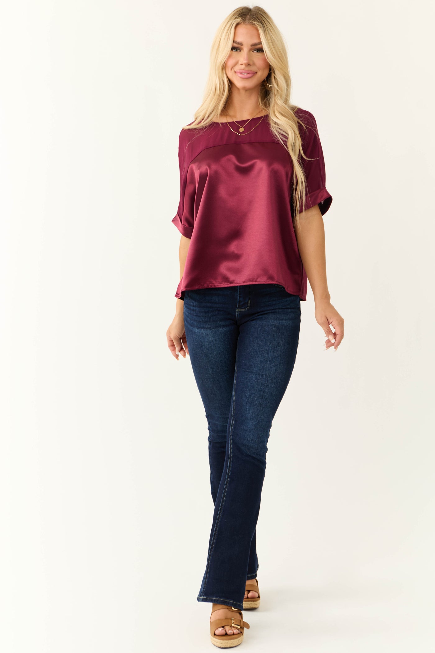 Wine Contrast Yoke Cuffed Sleeve Satin Blouse