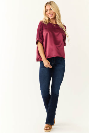 Wine Contrast Yoke Cuffed Sleeve Satin Blouse