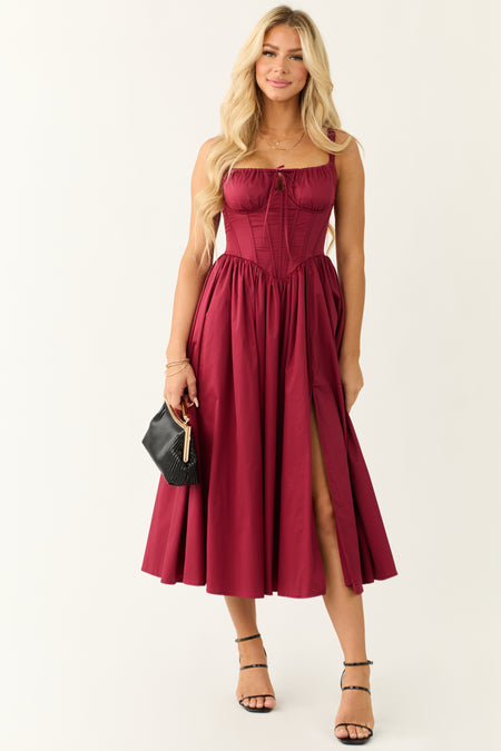 Wine Corset Sleeveless Front Slit Maxi Dress