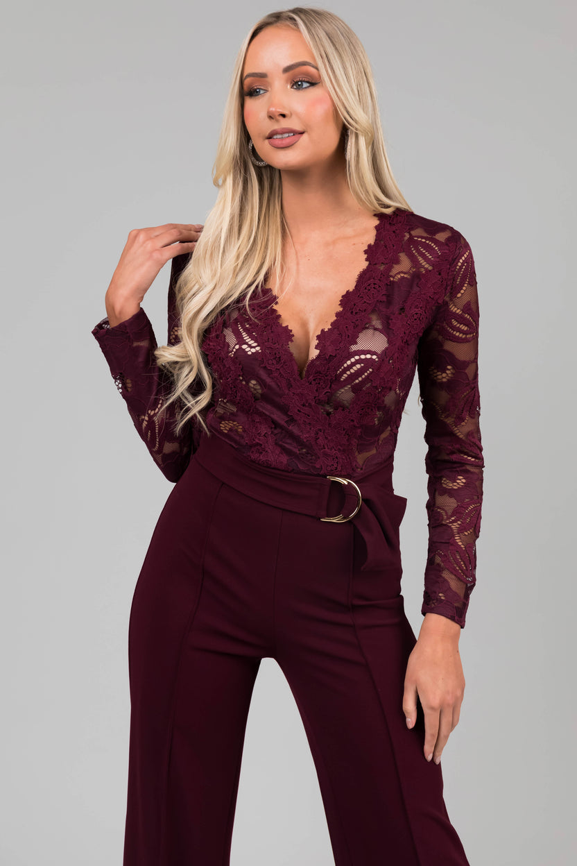 Wine Deep V Lace Belted Jumpsuit