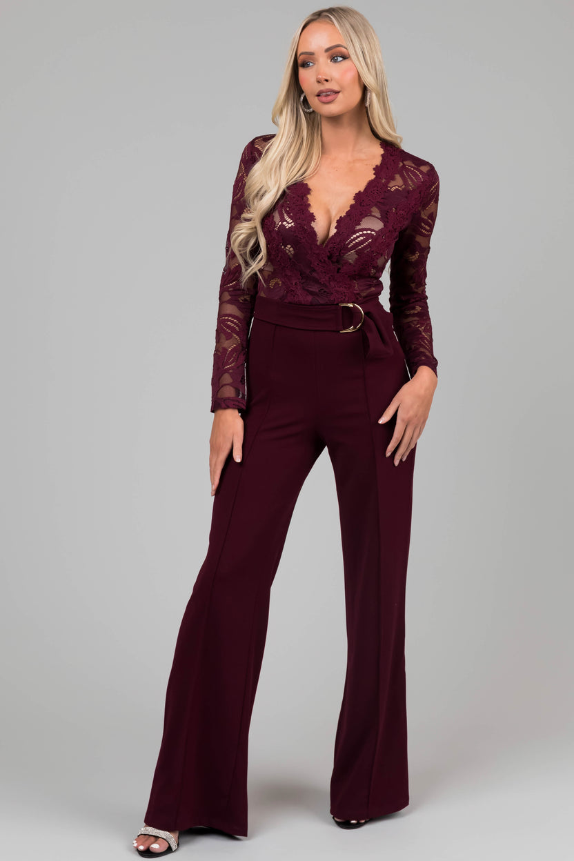 Wine Deep V Lace Belted Jumpsuit