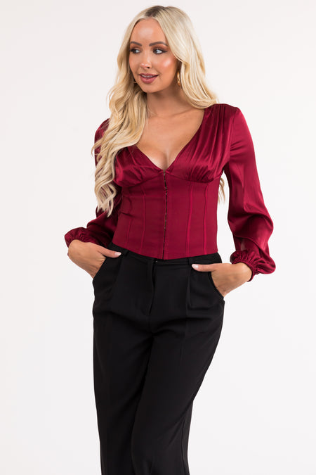 Wine Deep V Neck Long Sleeve Corset Waist Blouse