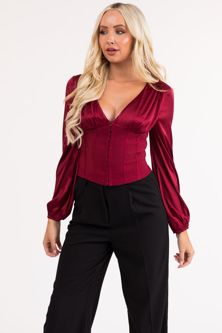 Wine Deep V Neck Long Sleeve Corset Waist Blouse