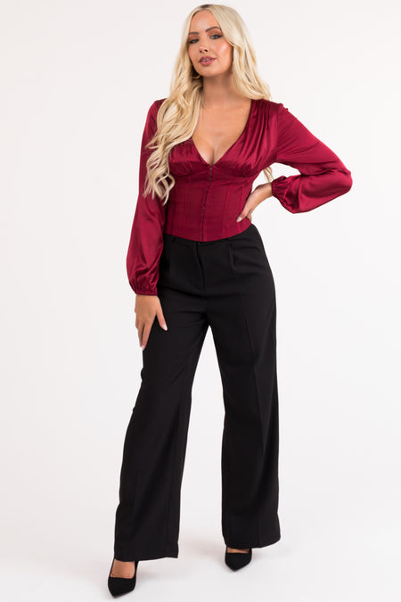 Wine Deep V Neck Long Sleeve Corset Waist Blouse