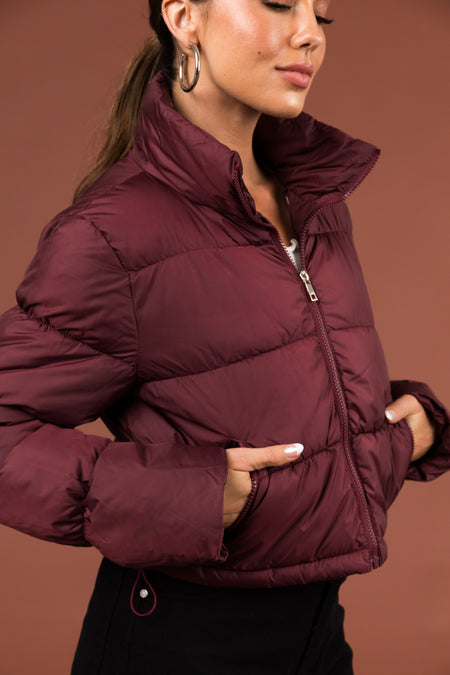 Wine Drawstring Hem Cropped Puffer Jacket