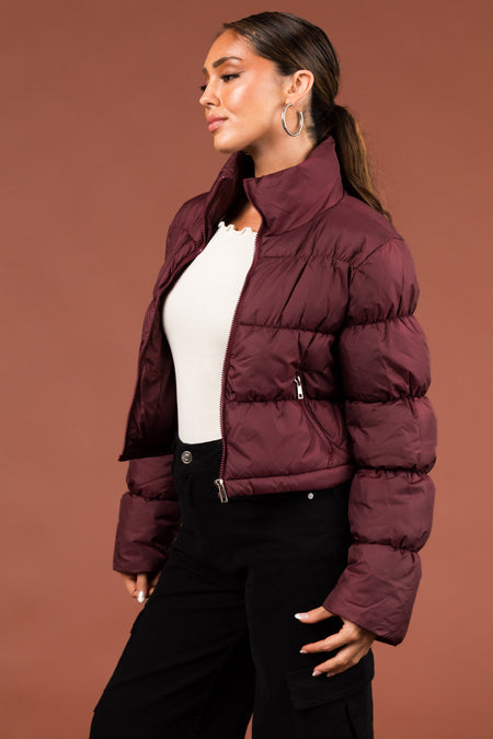 Wine Drawstring Hem Cropped Puffer Jacket