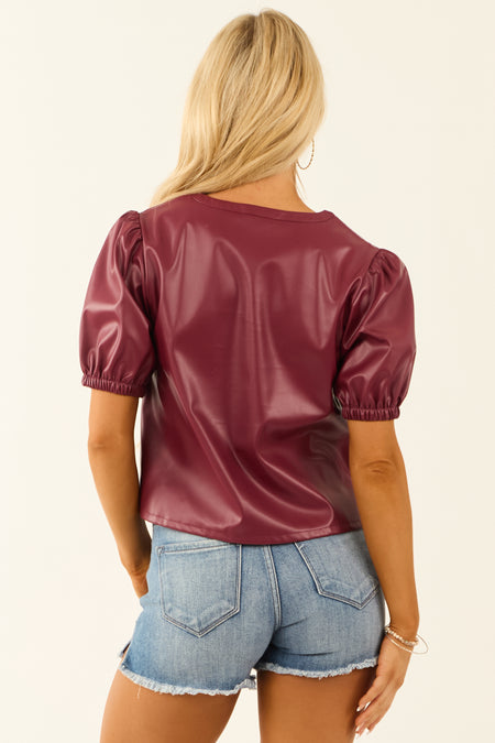 Wine Faux Leather Puff Sleeve Top