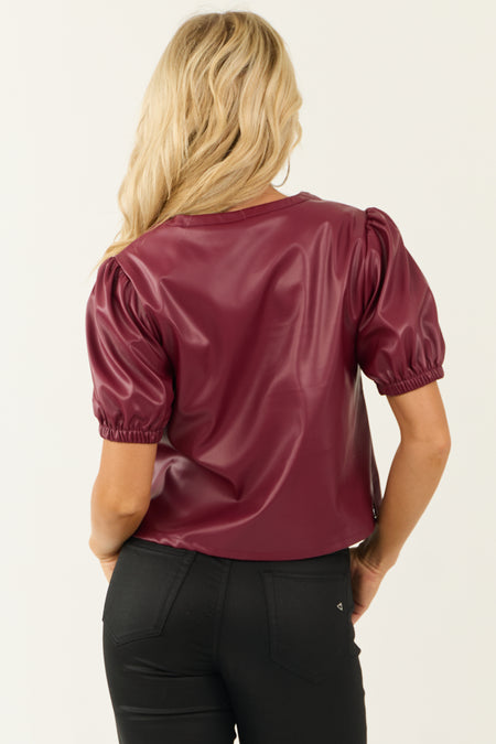 Wine Faux Leather Puff Sleeve Top