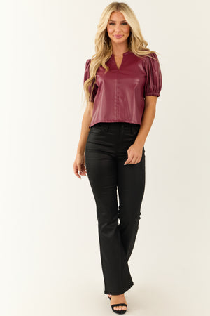 Wine Faux Leather Puff Sleeve Top