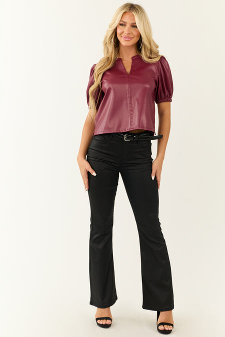 Wine Faux Leather Puff Sleeve Top