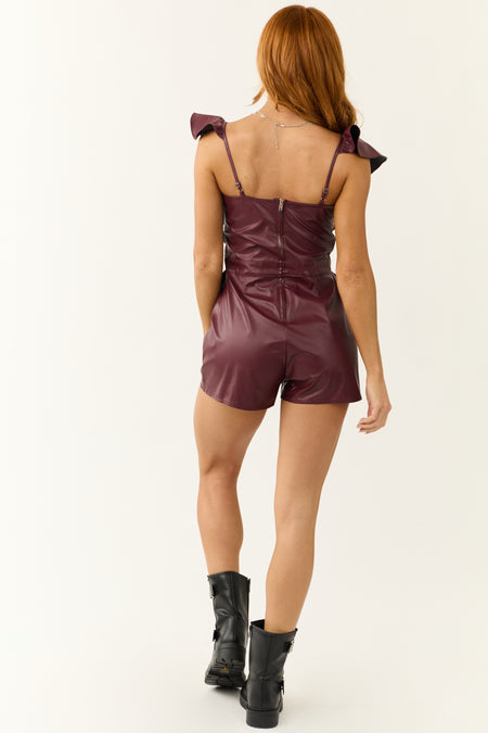 Wine Faux Leather Short Ruffle Sleeve Romper