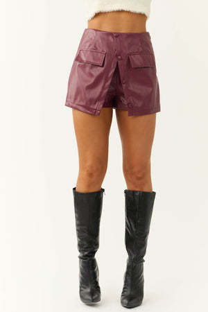 Wine Faux Leather Split Front Skort