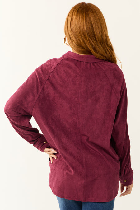 Wine Faux Suede Button Up Long Sleeve Shirt