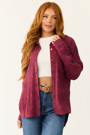 Wine Faux Suede Button Up Long Sleeve Shirt