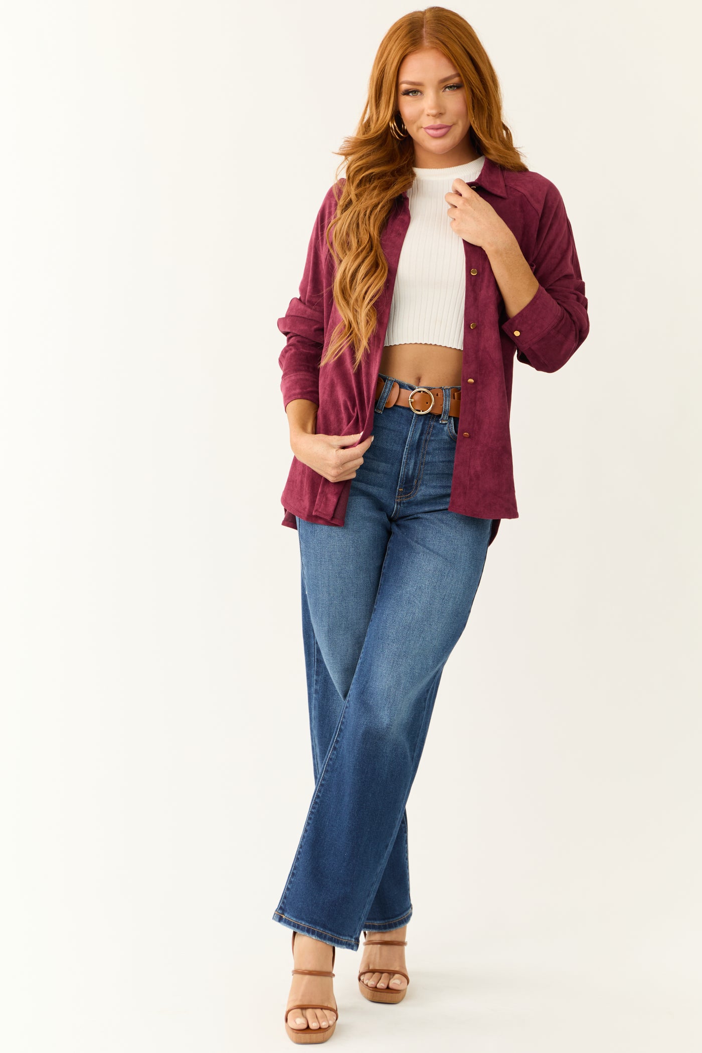 Wine Faux Suede Button Up Long Sleeve Shirt