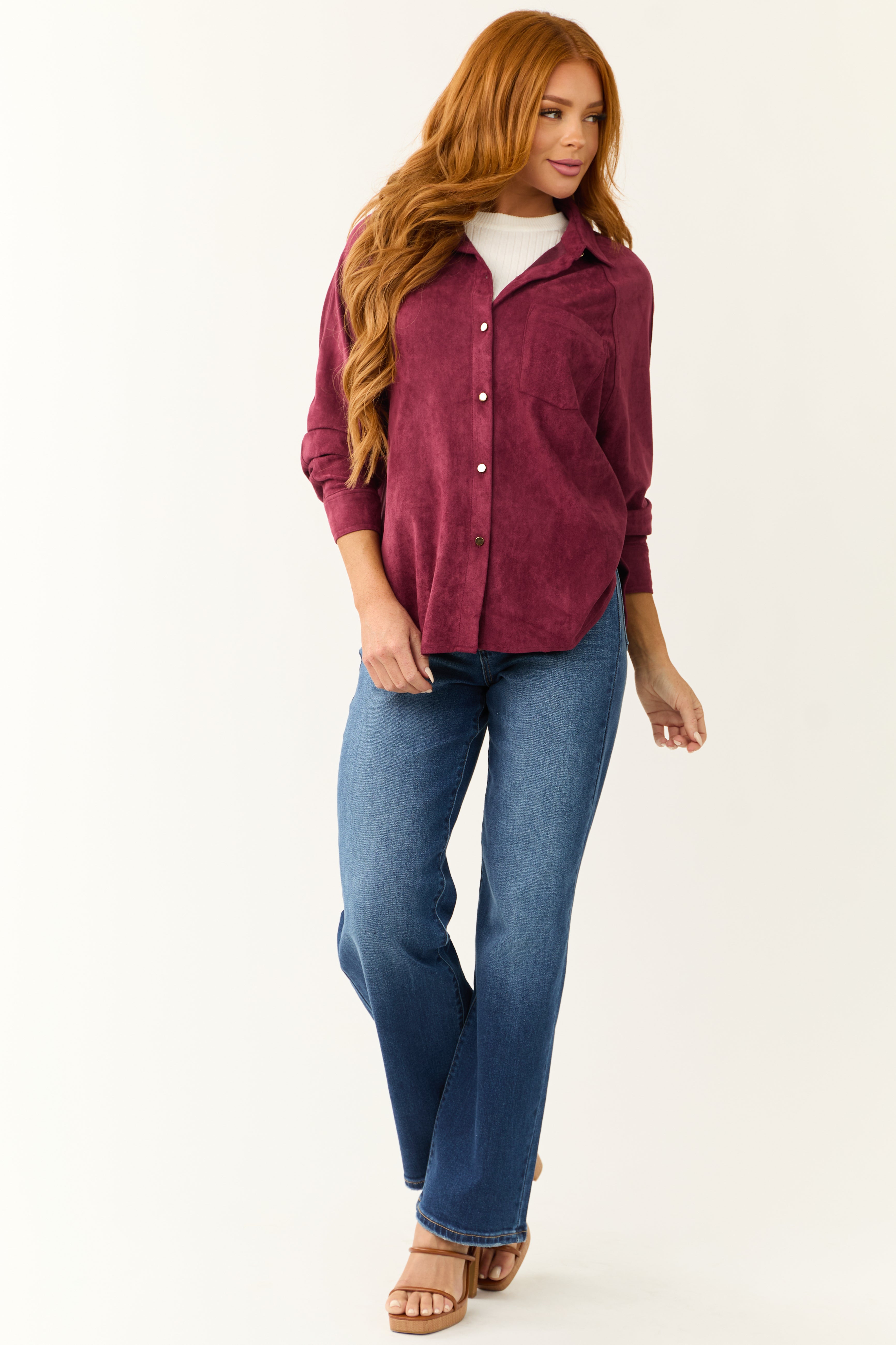 Wine Faux Suede Button Up Long Sleeve Shirt