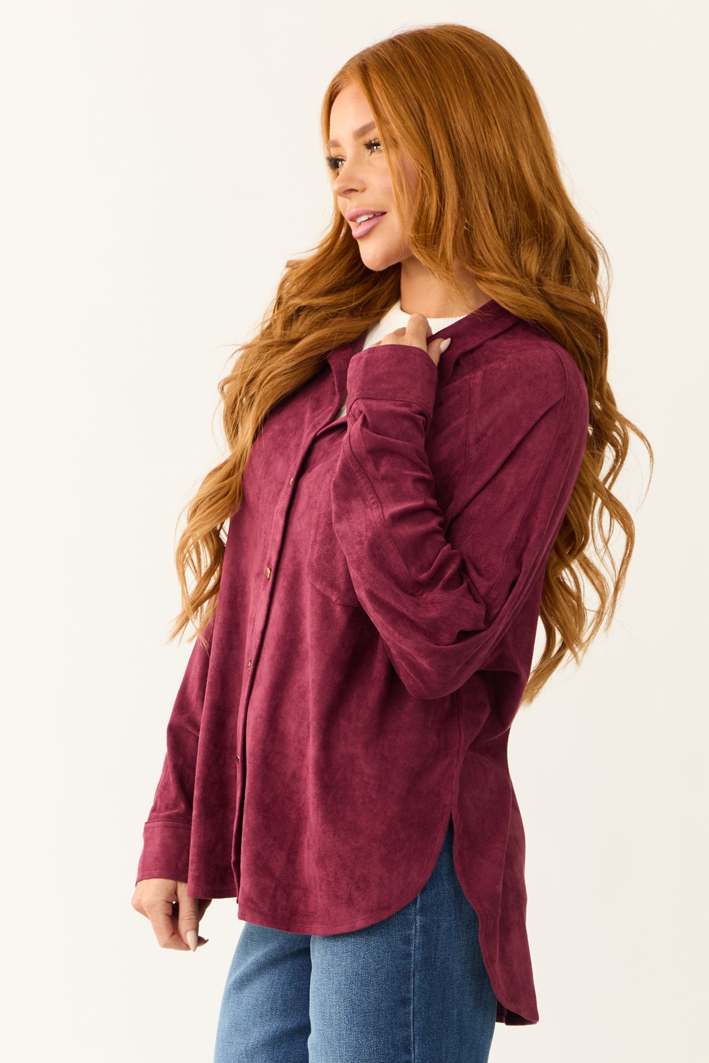 Wine Faux Suede Button Up Long Sleeve Shirt