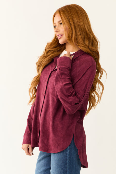 Wine Faux Suede Button Up Long Sleeve Shirt