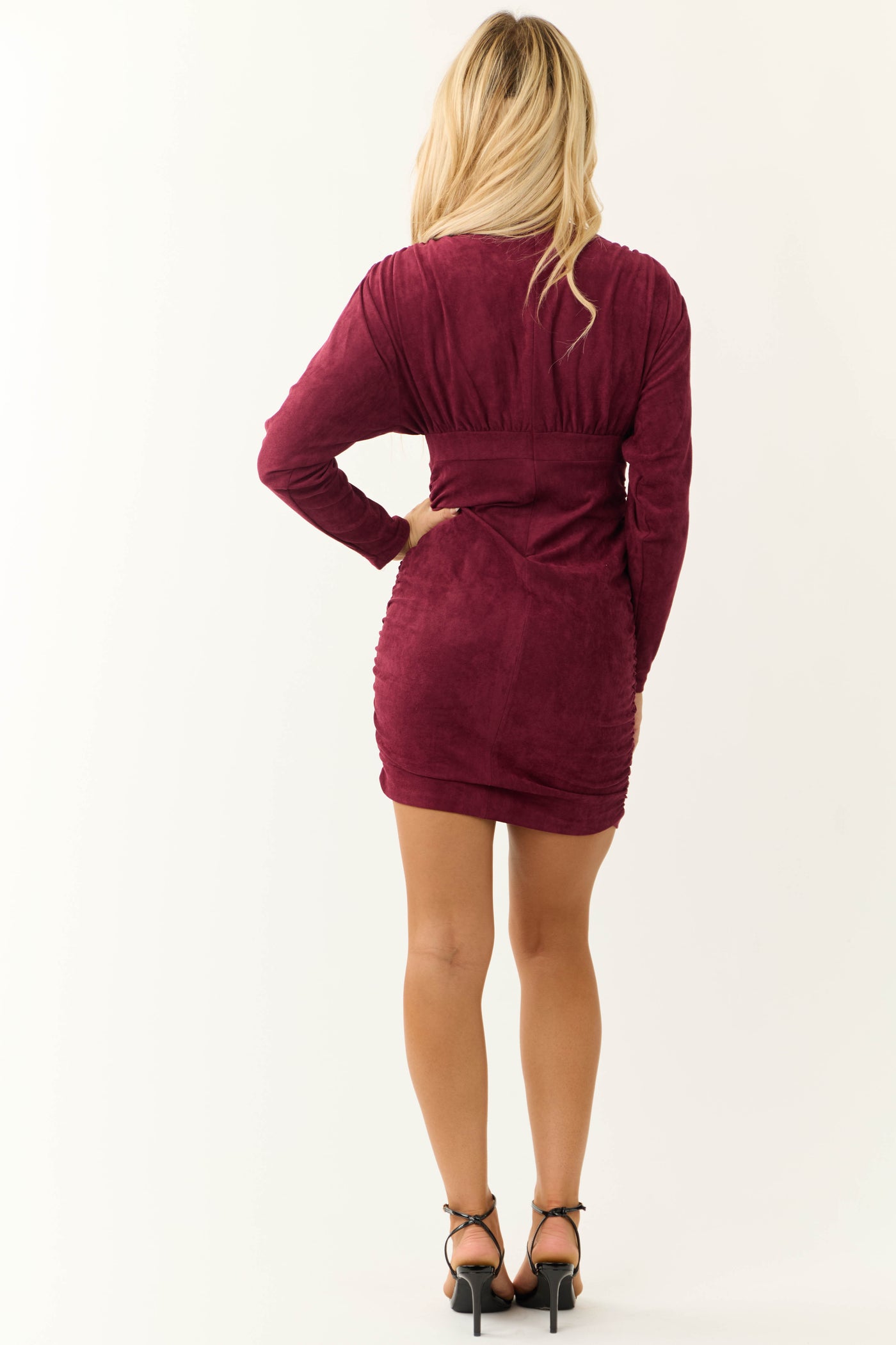 Wine Faux Suede Ruched Long Sleeve Mini Dress