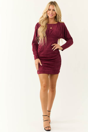 Wine Faux Suede Ruched Long Sleeve Mini Dress