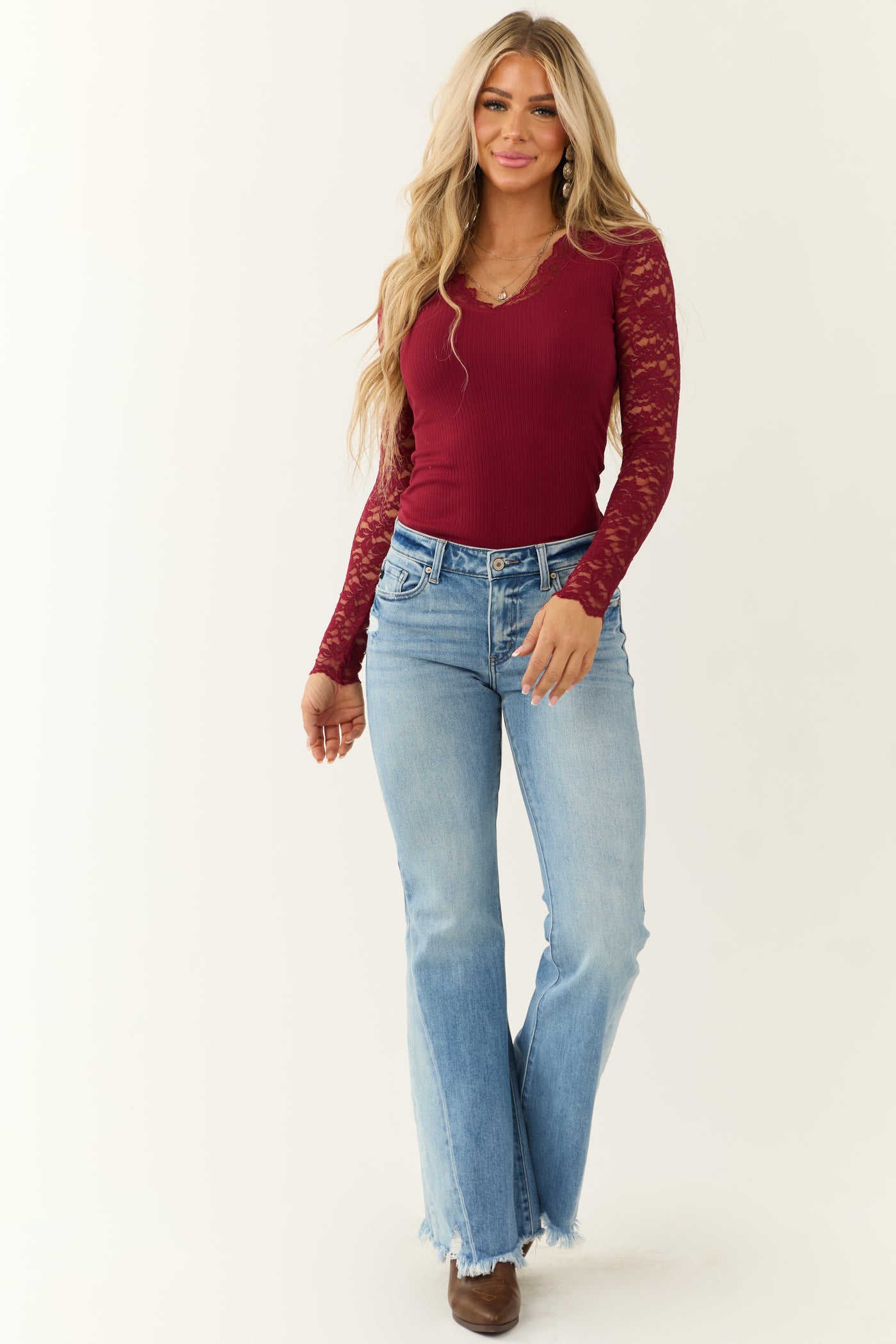 Wine Floral Lace Trim Long Sleeve Knit Top