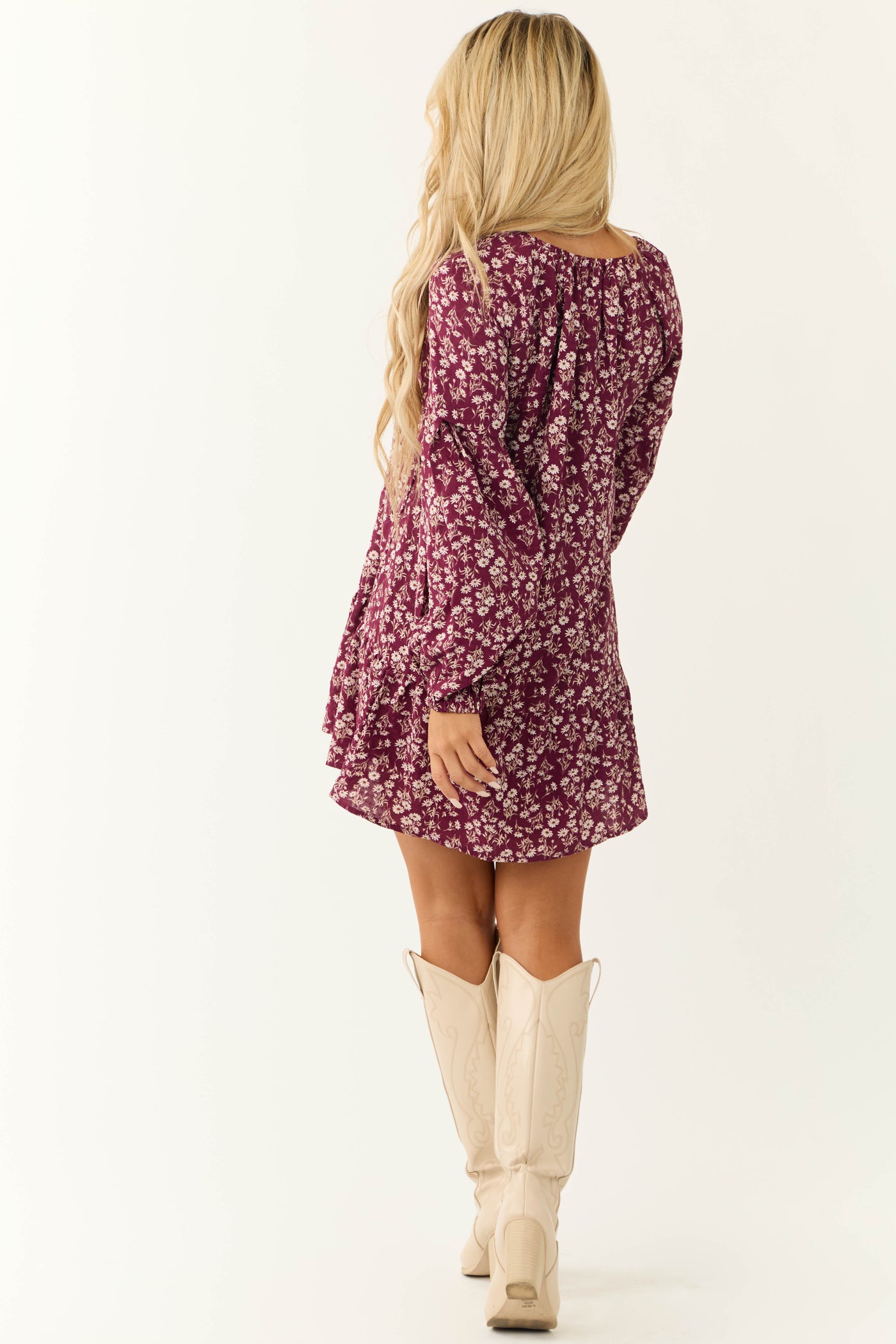 Wine Floral Print Long Sleeve Mini Dress