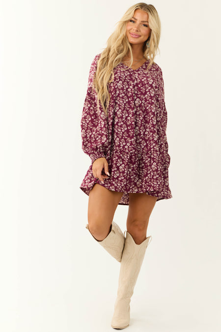 Wine Floral Print Long Sleeve Mini Dress