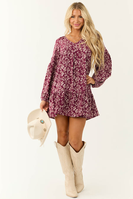 Wine Floral Print Long Sleeve Mini Dress