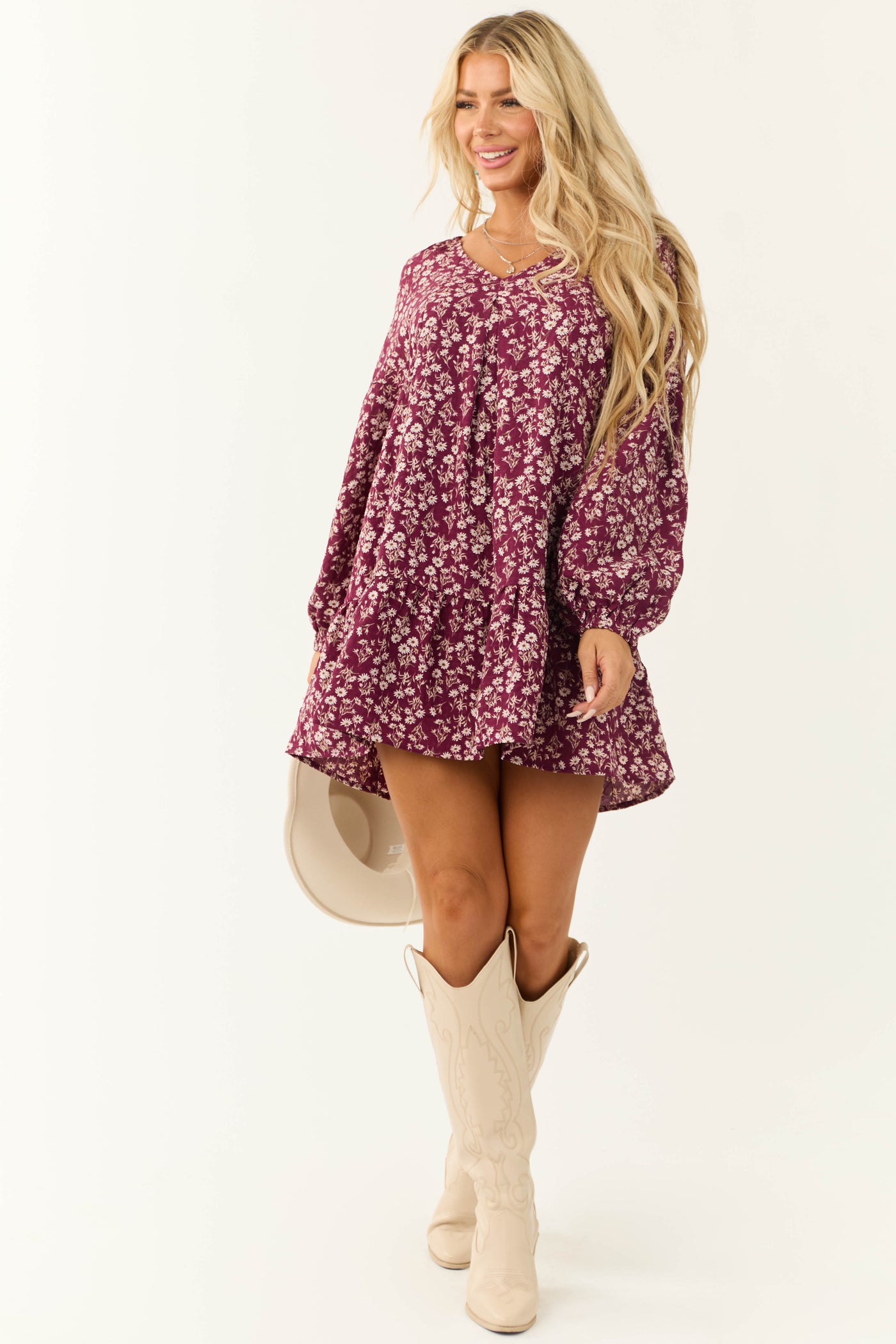 Wine Floral Print Long Sleeve Mini Dress