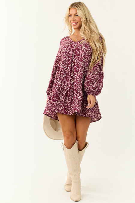 Wine Floral Print Long Sleeve Mini Dress