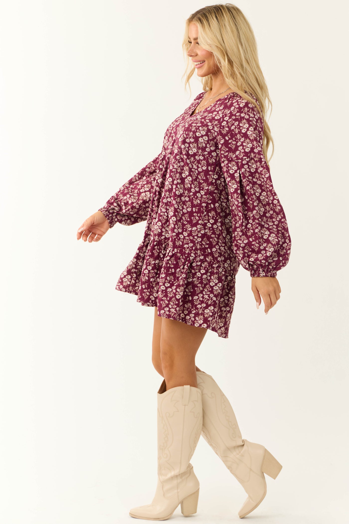 Wine Floral Print Long Sleeve Mini Dress