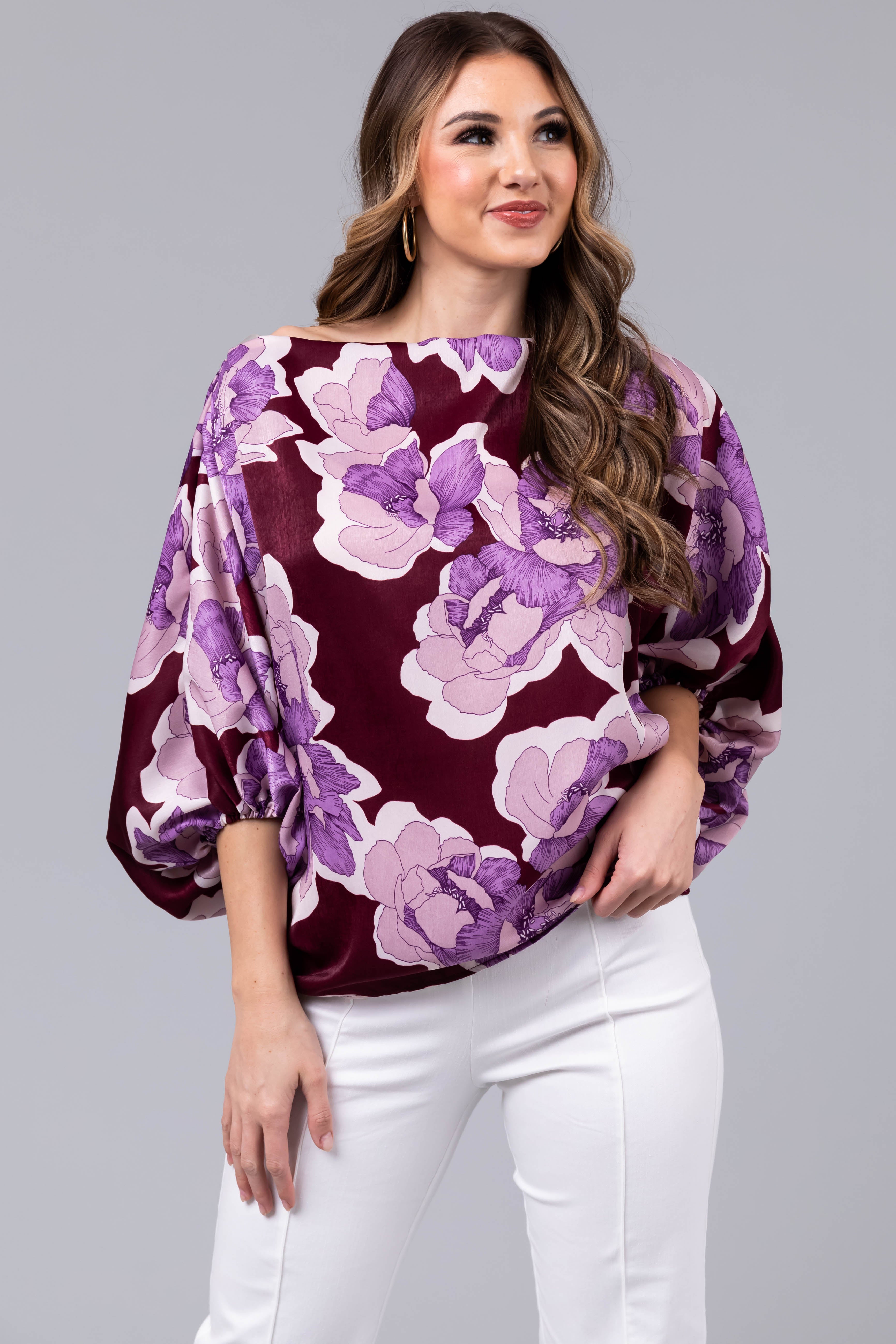 Wine Floral Print Satin Dolman Sleeve Blouse