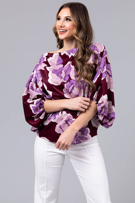 Wine Floral Print Satin Dolman Sleeve Blouse