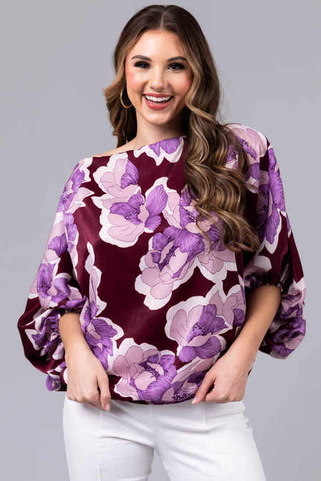 Wine Floral Print Satin Dolman Sleeve Blouse