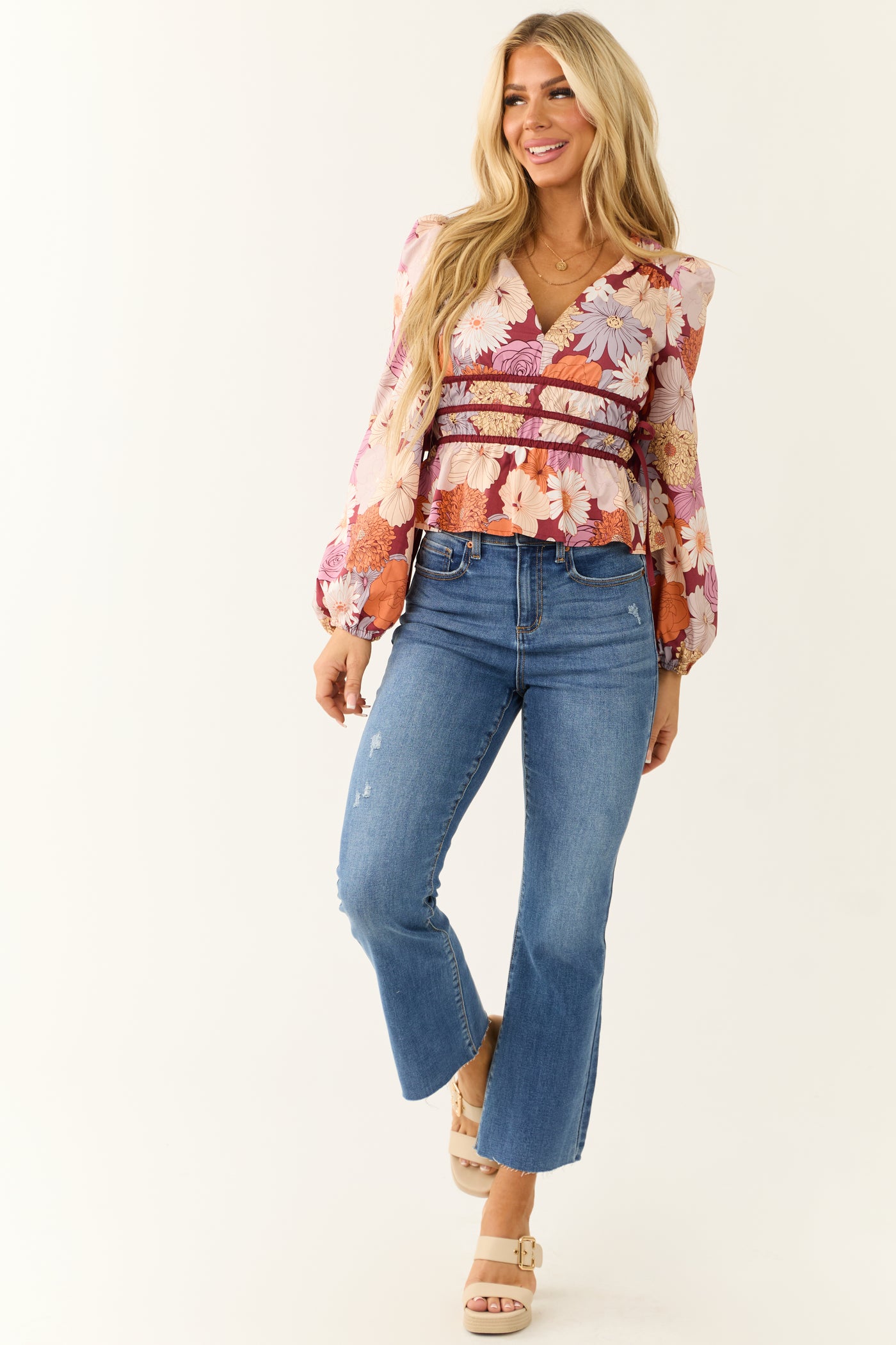 Wine Floral Print V Neck Cinched Waist Top