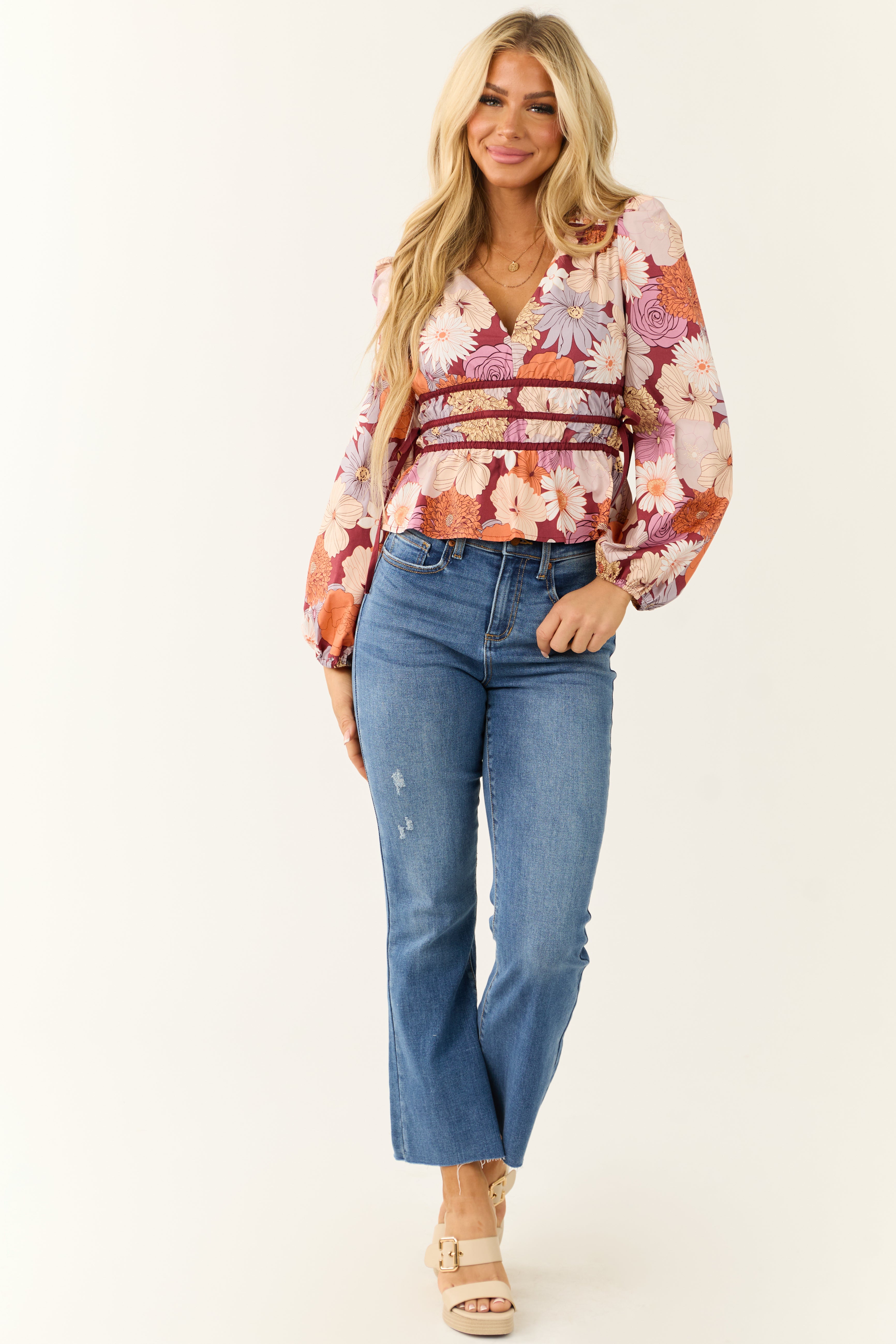 Wine Floral Print V Neck Cinched Waist Top