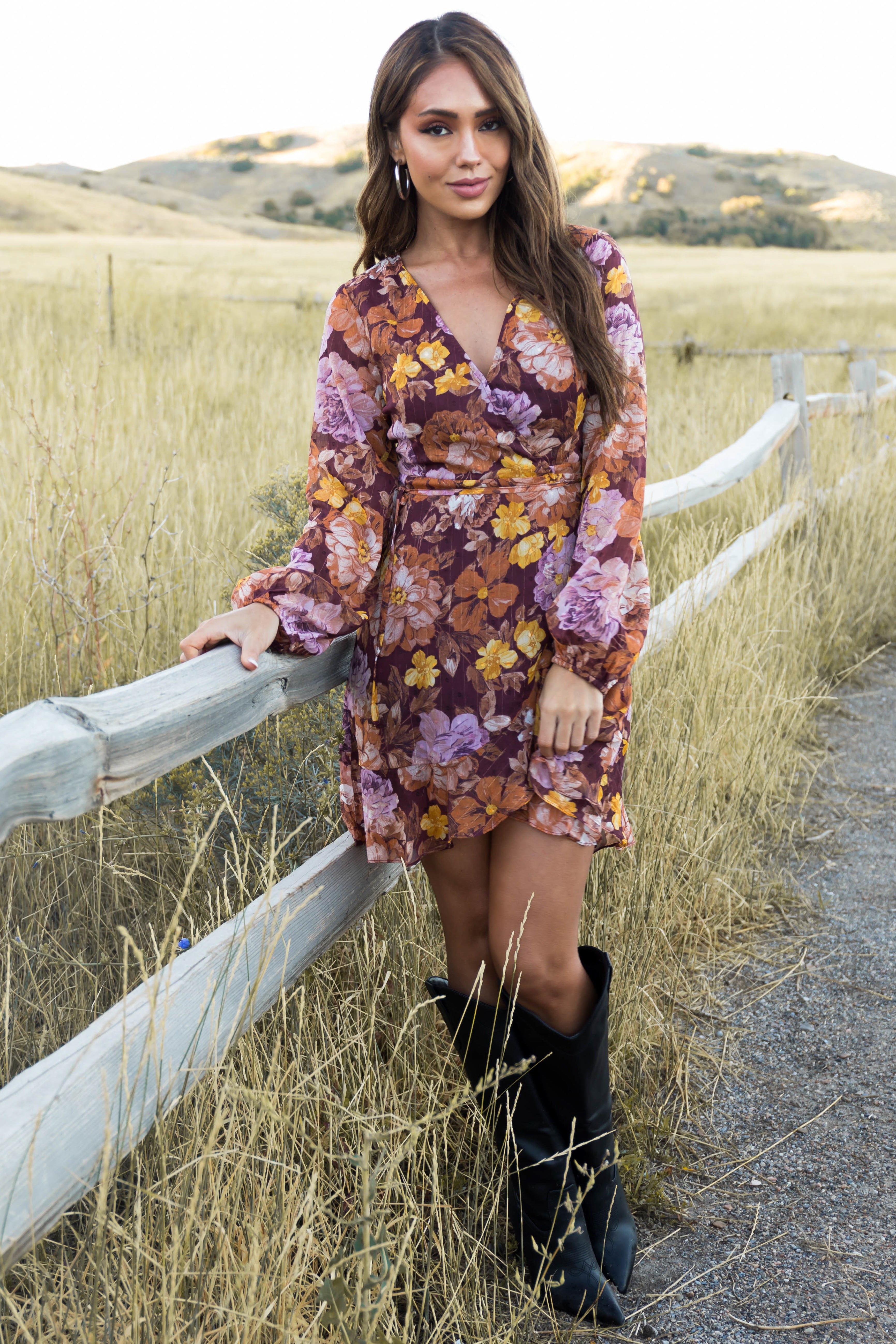 Wine Floral Print Wrap Short Dress