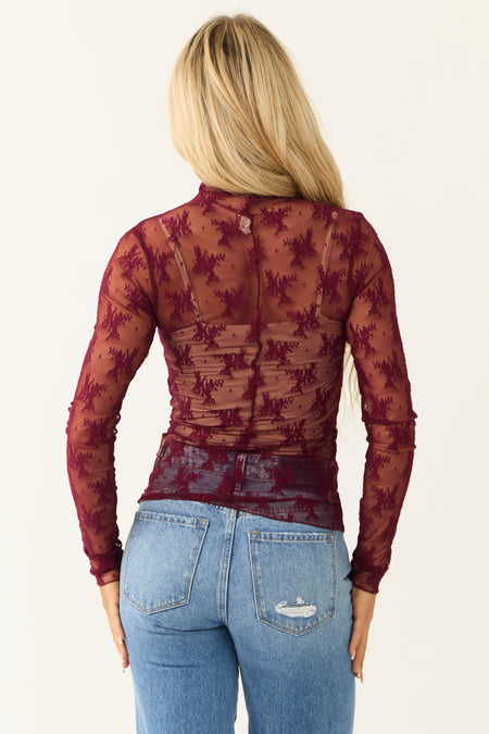 Wine Floral Sheer Mesh Long Sleeve High Neck Top