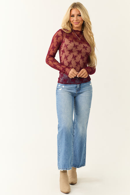 Wine Floral Sheer Mesh Long Sleeve High Neck Top