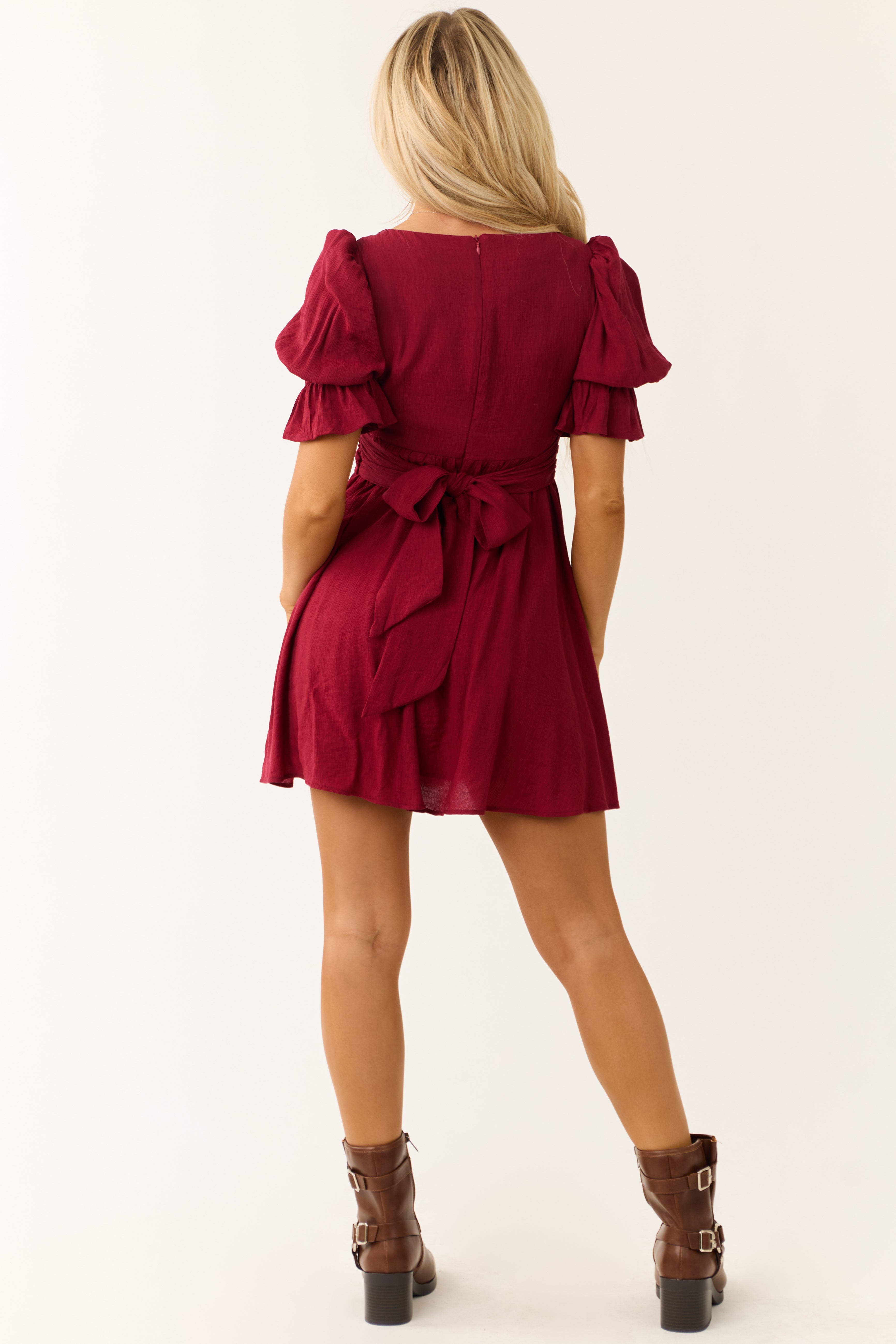 Wine Half Puff Sleeve Short Dress with Waist Tie